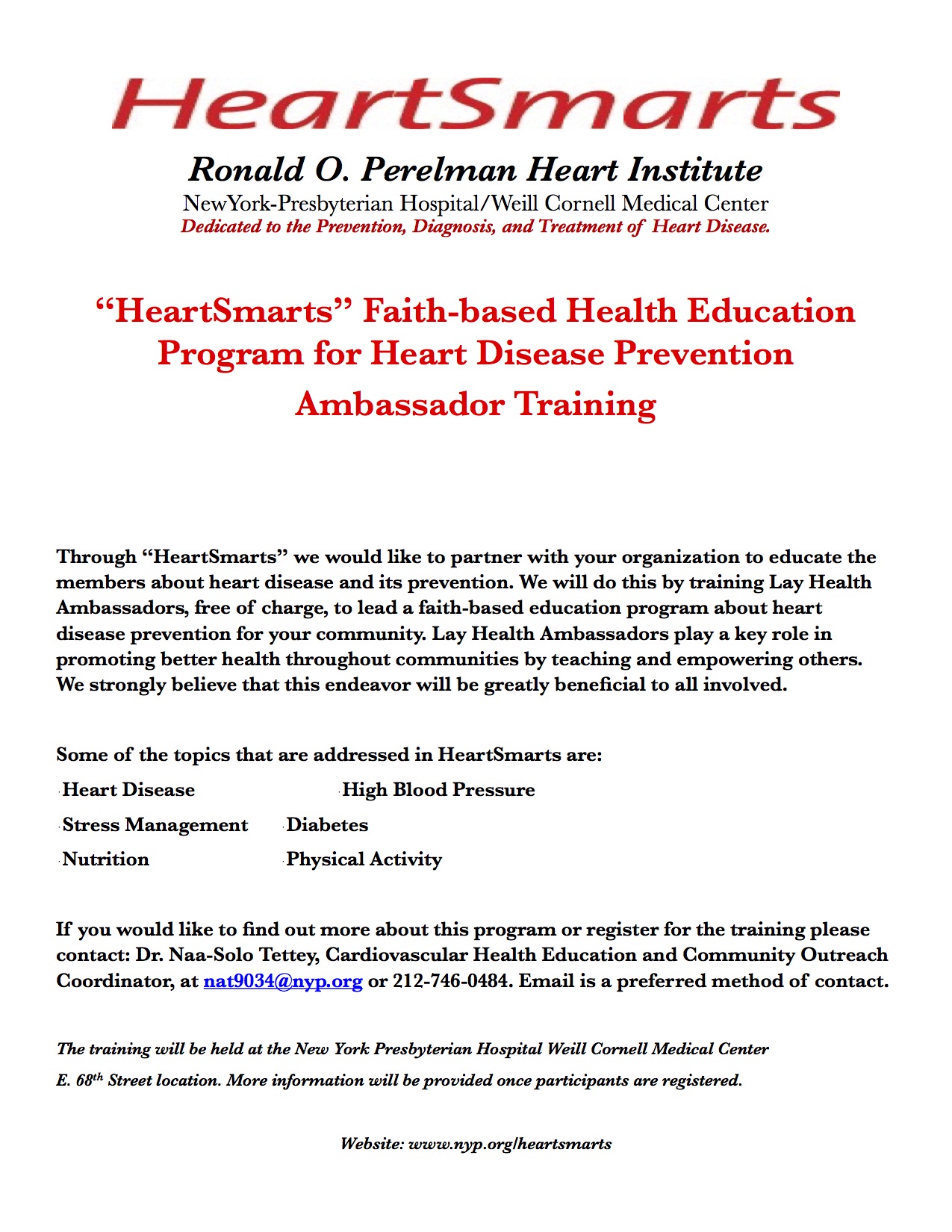 Heart Smarts Ambassador Training Main Flier 3-15