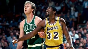 Magic Johnson and Larry Bird on the court