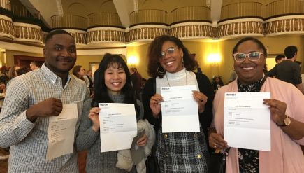 left to right Armel Silenou Angel Chen Patricia Jean-Charles Maxine Bayol. Match Day at Touro College of Osteopathic Medicine
