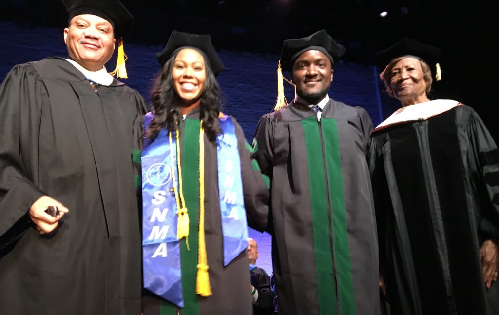 Touro Director of Diversity and Community Affairs Geoffrey Eaton, far left, and Dr. Hazel Dukes, TouroCOM-Harlem Community Advisory Board (CAB), far right, with Armel Ngeugaum Silenou and Patricia Jean Charles, winners of scholarships from Underrepresented Minorities Fund established by CAB.