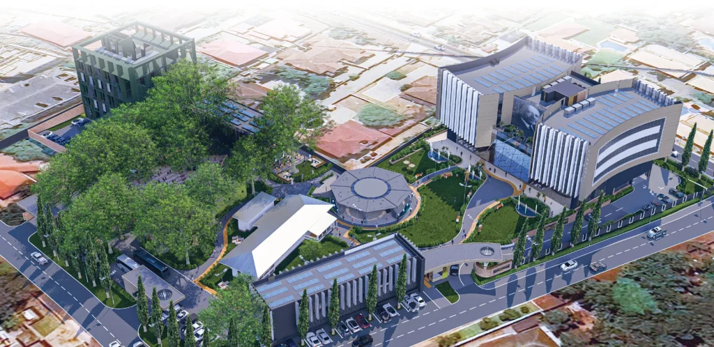Aerial rendering of the W.E.B. Du Bois Museum and Library Complex in Accra, Ghana